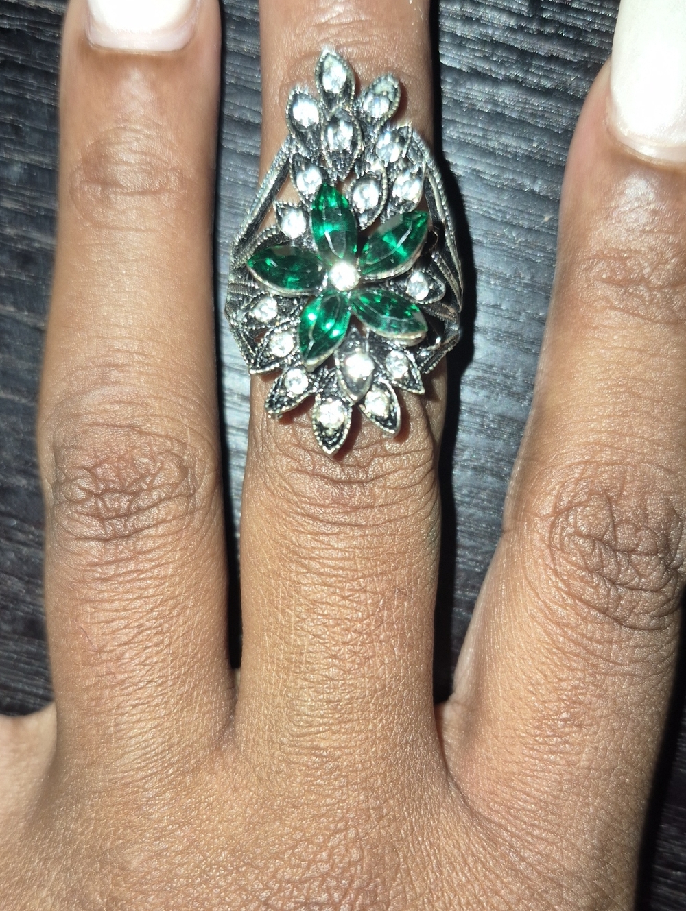 Vintage Style Green Crystal Floral Statement Ring - Size Adjustable
